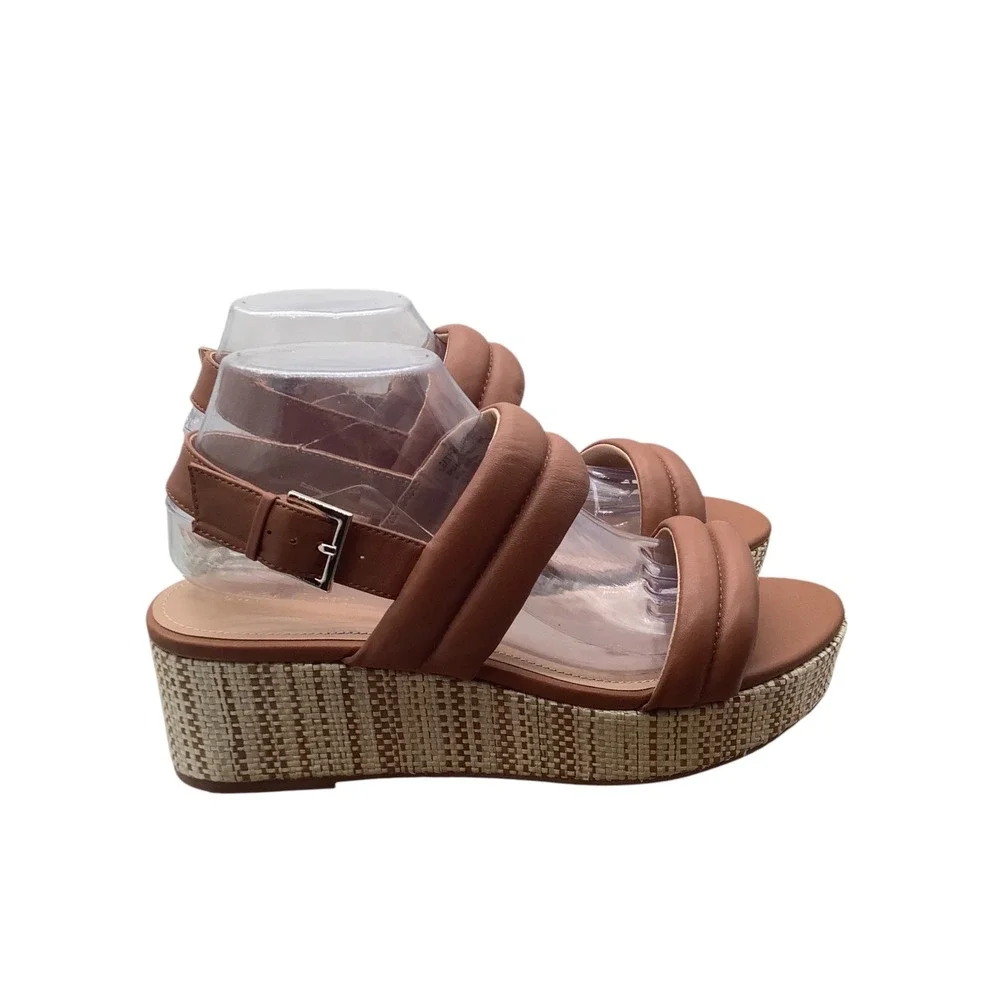 Violet & Red Casey Tan Leather Padded Double Strap Platform Wedge Sandals 9M